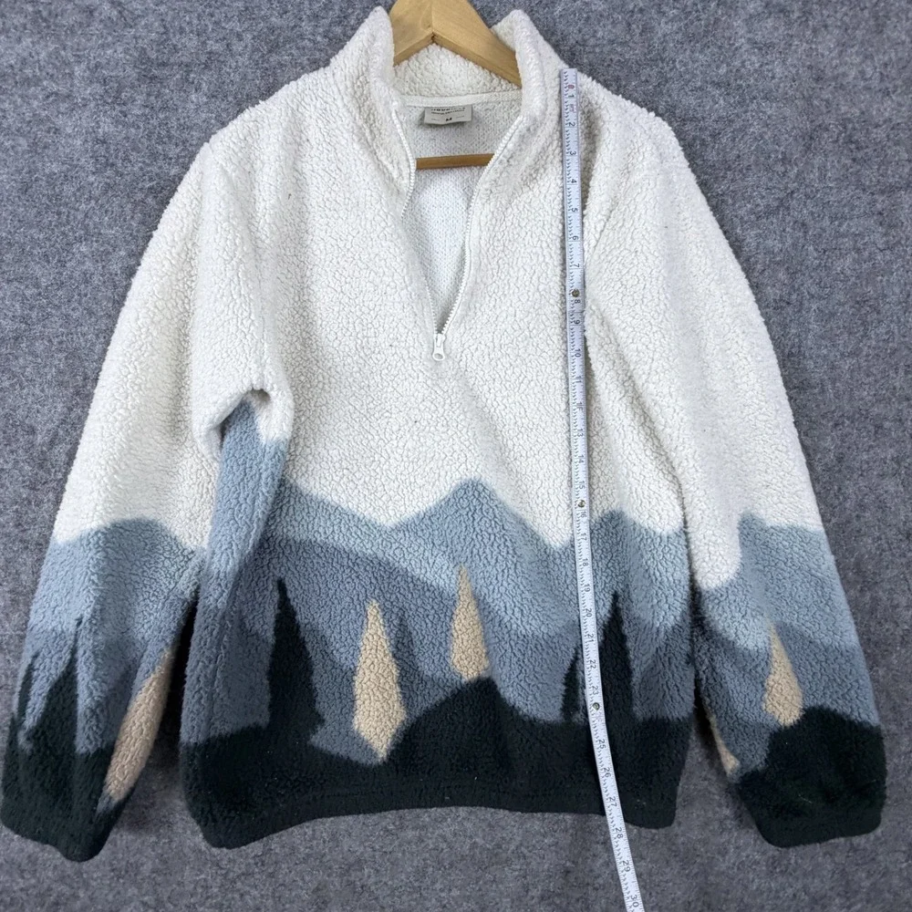 Hoodies Fleece Sherpa Jacket Mens Medium Blue Ivory Mountain Graphic 1/4 Zip